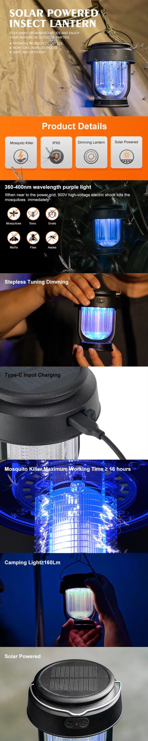 Solar Waterproof Rechargeable Mosquito Killer Lantern for Camping details