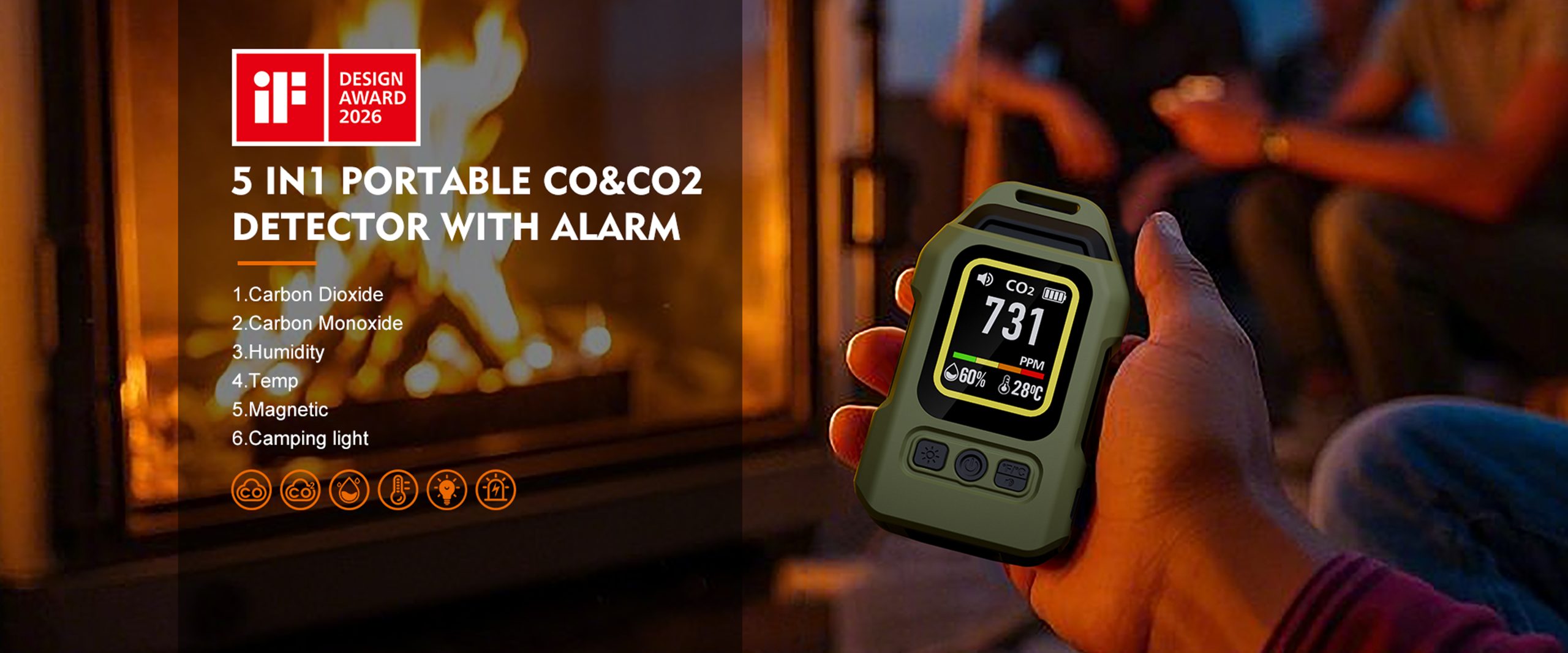 5 in 1 portable carbon dioxide and carbon monoxide detector with alarm